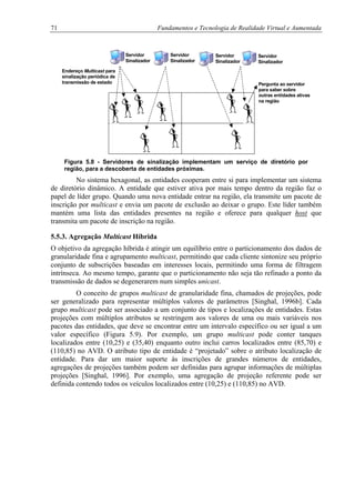 71 Fundamentos e Tecnologia de Realidade Virtual e Aumentada
Endereço Multicast para
sinalização periódica de
transmissão de estado Pergunta ao servidor
para saber sobre
outras entidades ativas
na região
Servidor
Sinalizador
Servidor
Sinalizador
Servidor
Sinalizador
Servidor
Sinalizador
Figura 5.8 - Servidores de sinalização implementam um serviço de diretório por
região, para a descoberta de entidades próximas.
No sistema hexagonal, as entidades cooperam entre si para implementar um sistema
de diretório dinâmico. A entidade que estiver ativa por mais tempo dentro da região faz o
papel de líder grupo. Quando uma nova entidade entrar na região, ela transmite um pacote de
inscrição por multicast e envia um pacote de exclusão ao deixar o grupo. Este líder também
mantém uma lista das entidades presentes na região e oferece para qualquer host que
transmita um pacote de inscrição na região.
5.5.3. Agregação Multicast Híbrida
O objetivo da agregação híbrida é atingir um equilíbrio entre o particionamento dos dados de
granularidade fina e agrupamento multicast, permitindo que cada cliente sintonize seu próprio
conjunto de subscrições baseadas em interesses locais, permitindo uma forma de filtragem
intrínseca. Ao mesmo tempo, garante que o particionamento não seja tão refinado a ponto da
transmissão de dados se degenerarem num simples unicast.
O conceito de grupos multicast de granularidade fina, chamados de projeções, pode
ser generalizado para representar múltiplos valores de parâmetros [Singhal, 1996b]. Cada
grupo multicast pode ser associado a um conjunto de tipos e localizações de entidades. Estas
projeções com múltiplos atributos se restringem aos valores de uma ou mais variáveis nos
pacotes das entidades, que deve se encontrar entre um intervalo específico ou ser igual a um
valor específico (Figura 5.9). Por exemplo, um grupo multicast pode conter tanques
localizados entre (10,25) e (35,40) enquanto outro inclui carros localizados entre (85,70) e
(110,85) no AVD. O atributo tipo de entidade é “projetado” sobre o atributo localização de
entidade. Para dar um maior suporte às inscrições de grandes números de entidades,
agregações de projeções também podem ser definidas para agrupar informações de múltiplas
projeções [Singhal, 1996]. Por exemplo, uma agregação de projeção referente pode ser
definida contendo todos os veículos localizados entre (10,25) e (110,85) no AVD.
 