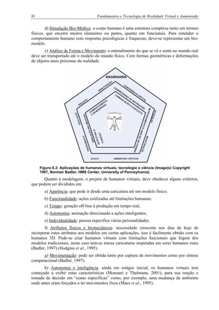 81 Fundamentos e Tecnologia de Realidade Virtual e Aumentada
d) Simulação Bio-Médica: o corpo humano é uma estrutura complexa tanto em termos
físicos, que encerra muitos elementos ou partes, quanto em funcionais. Para entender o
comportamento humano com respostas psicológicas e fraquezas; deve-se representar um bio-
modelo.
e) Análise de Forma e Movimento: o entendimento do que se vê e sente no mundo real
deve ser transportado até o modelo do mundo físico. Com formas geométricas e deformações
de objetos mais próximas da realidade.
Figura 6.3: Aplicações de humanos virtuais, tecnologia e ciência (Image(s) Copyright
1997, Norman Badler, HMS Center, University of Pennsylvania).
Quanto à modelagem, o projeto de humanos virtuais, deve obedecer alguns critérios,
que podem ser divididos em:
a) Aparência: que pode ir desde uma caricatura até um modelo físico;
b) Funcionalidade: ações estilizadas até limitações humanas;
c) Tempo: geração off-line à produção em tempo real;
d) Autonomia: animação direcionada a ações inteligentes;
e) Individualidade: pessoa especifica várias personalidades.
f) Atributos físicos e biomecânicos: necessidade crescente nos dias de hoje de
incorporar estes atributos aos modelos em certas aplicações, isso é facilmente obtido com os
humanos 3D. Pode-se criar humanos virtuais com limitações funcionais que fogem dos
modelos tradicionais, neste caso tem-se meras caricaturas inspiradas em seres humanos reais
(Badler, 1997) (Hodgins et al., 1995).
g) Movimentação: pode ser obtida tanto por captura de movimentos como por síntese
computacional (Badler, 1997).
h) Autonomia e inteligência: ainda em estágio inicial, os humanos virtuais tem
começado a exibir estas características (Monzani e Thalmann, 2001), para sua reação e
tomada de decisão em “cenas específicas” como, por exemplo, uma mudança de ambiente
onde antes eram forçados a ter movimentos fixos (Maes et al., 1995).
 
