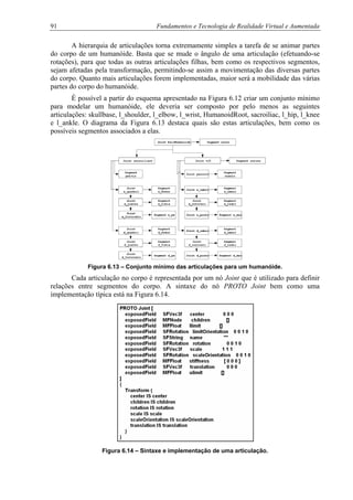 91 Fundamentos e Tecnologia de Realidade Virtual e Aumentada
A hierarquia de articulações torna extremamente simples a tarefa de se animar partes
do corpo de um humanóide. Basta que se mude o ângulo de uma articulação (efetuando-se
rotações), para que todas as outras articulações filhas, bem como os respectivos segmentos,
sejam afetadas pela transformação, permitindo-se assim a movimentação das diversas partes
do corpo. Quanto mais articulações forem implementadas, maior será a mobilidade das várias
partes do corpo do humanóide.
É possível a partir do esquema apresentado na Figura 6.12 criar um conjunto mínimo
para modelar um humanóide, ele deveria ser composto por pelo menos as seguintes
articulações: skullbase, l_shoulder, l_elbow, l_wrist, HumanoidRoot, sacroiliac, l_hip, l_knee
e l_ankle. O diagrama da Figura 6.13 destaca quais são estas articulações, bem como os
possíveis segmentos associados a elas.
Figura 6.13 – Conjunto mínimo das articulações para um humanóide.
Cada articulação no corpo é representada por um nó Joint que é utilizado para definir
relações entre segmentos do corpo. A sintaxe do nó PROTO Joint bem como uma
implementação típica está na Figura 6.14.
Figura 6.14 – Sintaxe e implementação de uma articulação.
 