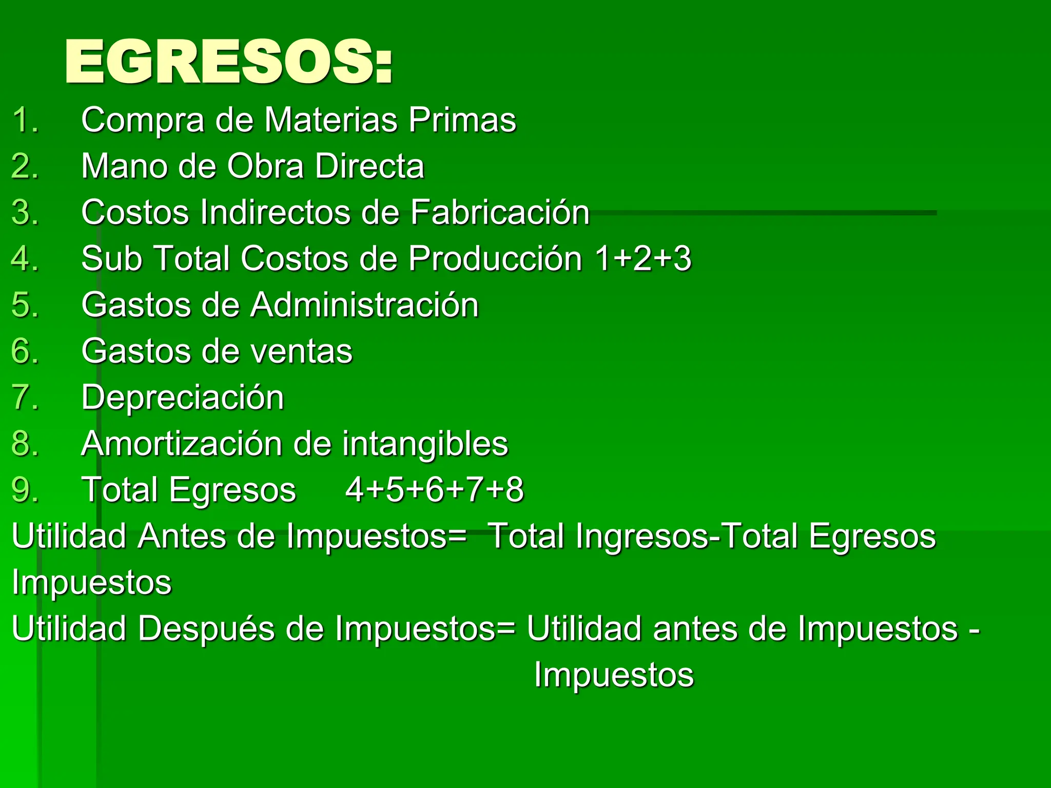 EGRESOS:
1. Compra de Materias Primas
2. Mano de Obra Directa
3. Costos Indirectos de Fabricación
4. Sub Total Costos de Producción 1+2+3
5. Gastos de Administración
6. Gastos de ventas
7. Depreciación
8. Amortización de intangibles
9. Total Egresos 4+5+6+7+8
Utilidad Antes de Impuestos= Total Ingresos-Total Egresos
Impuestos
Utilidad Después de Impuestos= Utilidad antes de Impuestos -
Impuestos
 