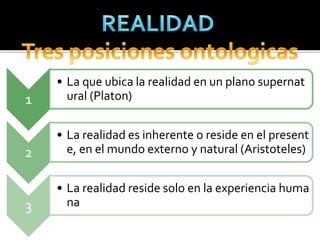 1
• La que ubica la realidad en un plano supernat
ural (Platon)
2
• La realidad es inherente o reside en el present
e, en el mundo externo y natural (Aristoteles)
3
• La realidad reside solo en la experiencia huma
na
 
