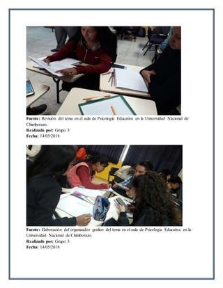 Fuente: Revisión del tema en el aula de Psicología Educativa en la Universidad Nacional de
Chimborazo.
Realizado por: Grupo 3
Fecha: 14/05/2018
Fuente: Elaboración del organizador grafico del tema en el aula de Psicología Educativa en la
Universidad Nacional de Chimborazo.
Realizado por: Grupo 3
Fecha: 14/05/2018
 