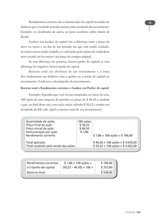 C E D E R J 123
AULA
5
Rendimentos correntes são a remuneração do capital investido em
dinheiro que é recebido periodicamente como resultado do investimento.
Exemplo: os dividendos de ações, os juros recebidos sobre títulos de
dívida.
Ganhos (ou perdas) de capital são a diferença entre o preço do
ativo no início e no fim de um período em que está sendo avaliado.
Se o ativo estiver sendo vendido, é o valor pelo qual o preço de venda desse
ativo excede (ou foi menor) seu preço de compra original.
Se essa diferença for positiva, haverá ganho de capital; se essa
diferença for negativa, haverá perda de capital.
Retorno total (ou absoluto) de um investimento é a soma
dos rendimentos em dinheiro com o ganho ou a perda de capital no
investimento. Evidencia o desempenho do investimento.
Retorno total = Rendimentos correntes + Ganhos (ou Perdas) de capital
Exemplo: Suponha que você tivesse comprado, no início do ano,
100 ações de uma empresa de petróleo ao preço de $ 46,50 a unidade
e que, ao final desse ano, essa ação esteja valendo $ 50,22 e rendeu um
dividendo de R$ 1,86. Qual o retorno total do seu investimento?
Quantidade de ações
Preço final da ação
Preço inicial da ação
Remuneração por ação
Rendimento corrente
Total aplicado
Total recebido pela venda das ações
100 ações
$ 50,22
$ 46,50
$ 1,86
$ 1,86 × 100 ações = $ 186,00
$ 46,50 × 100 ações = $ 4.650,00
$ 50,22 × 100 ações = $ 5.022,00
Rendimentos correntes
(+) Ganho de capital
Retorno total
$ 1,86 × 100 ações =
(50,22 – 46,50) × 100 =
$ 186,00
$ 372,00
$ 558,00
 