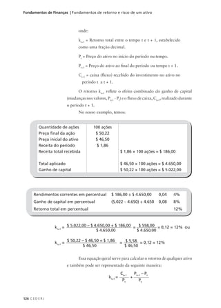 126 C E D E R J
Fundamentos de Finanças | Fundamentos de retorno e risco de um ativo
onde:
kt+1
= Retorno total entre o tempo t e t + 1, estabelecido
como uma fração decimal.
Pt
= Preço do ativo no início do período ou tempo.
Pt+1
= Preço do ativo ao final do período ou tempo t + 1.
Ct+1
= caixa (fluxo) recebido do investimento no ativo no
período t a t + 1.
O retorno kt+1
reflete o efeito combinado do ganho de capital
(mudanças nos valores, Pt+1
- Pt
) e o fluxo de caixa, Ct+1
, realizado durante
o período t + 1.
No nosso exemplo, temos:
Quantidade de ações
Preço final da ação
Preço inicial do ativo
Receita do período
Receita total recebida
Total aplicado
Ganho de capital
100 ações
$ 50,22
$ 46,50
$ 1,86
$ 1,86 × 100 ações = $ 186,00
$ 46,50 × 100 ações = $ 4.650,00
$ 50,22 × 100 ações = $ 5.022,00
Rendimentos correntes em percentual
Ganho de capital em percentual
Retorno total em percentual
$ 186,00 ÷ $ 4.650,00
(5.022 – 4.650) ÷ 4.650
0,04
0,08
4%
8%
12%
kt+1
= = = 0,12 = 12% ou
$ 5.022,00 – $ 4.650,00 + $ 186,00 $ 558,00
$ 4.650,00
$ 4.650,00
kt+1
= = = 0,12 = 12%
$ 50,22 – $ 46,50 + $ 1,86 $ 5,58
$ 46,50
$ 46,50
Essa equação geral serve para calcular o retorno de qualquer ativo
e também pode ser representado da seguinte maneira:
Ct+1
Pt
kt+1
= +
Pt+1
– Pt
Pt
 