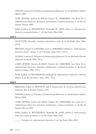180 C E D E R J
GITMAN, Lawrence J. Princípios de administração financeira. 10. ed. São Paulo: Addison
Wesley, 2004.
LEME JÚNIOR, Antônio B.; RIGO, Cláudio M.; CHEROBIM, Ana Paula M. S.
Administração financeira: princípios, fundamentos e práticas brasileiras. 2. ed. Rio de
Janeiro: Elsevier, 2005.
ROSS, Stephen A.; WESTERFIELD, Randolph W.; JAFFE, Jeffrey F. Administração
financeira: corporate finance. 2. ed. São Paulo: Atlas, 2002.
Aula 5
ASSAF NETO, Alexandre. Finanças corporativas e valor. 2. ed. São Paulo: Atlas, 2006.
656 p.
BRIGHAN, Eugene F.; GAPENSKI, Louis C; EHRHARDT, Michael C. Administração
financeira: teoria e prática. 9. ed. São Paulo: Atlas, 2001. 1113 p.
GITMAN, Lawrence J. Princípios de administração financeira. 10. ed. São Paulo: Pearson
Education do Brasil, 2004. 745 p.
LEMES JÚNIOR, Antonio B; RIGO, Cláudio M; CHEROBIM, Ana Paula M. S.
Administração financeira: princípios, fundamentos e práticas brasileiras. 2. ed. Rio de
Janeiro: Campus, 2005. 547 p.
ROSS, Stephen A.; WESTERFIELD, Randolph W. Administração financeira corporate
finance. 2. ed. Rio de Janeiro: Atlas, 2002. 775 p.
Aula 6
BRIGHAM, Eugene F.; HOUSTON, Joel F. Fundamentos da moderna administração
financeira. Rio de Janeiro: Campus, 1999.
GITMAN, Lawrence J. Princípios de administração financeira. 10. ed. São Paulo: Addison
Wesley, 2004.
LEMES JÚNIOR, Antônio B.; RIGO, Cláudio M.; CHEROBIM, Ana Paula M. S.
Administração financeira: princípios, fundamentos e práticas brasileiras. 2. ed. Rio de
Janeiro: Elsevier, 2005.
ROSS, Stephen A.; WESTERFIELD, Randolph W.; JAFFE, Jeffrey F. Administração
financeira: corporate finance. 2. ed. São Paulo: Atlas, 2002.
______. Princípios de administração financeira. 2. ed. São Paulo: Atlas, 2000.
 