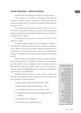 C E D E R J 49
AULA
2
REGIME TRIBUTÁRIO – SIMPLES NACIONAL
Tributação das microempresas e empresas de pequeno porte.
Com o objetivo de simplificar as obrigações tributárias das
pequenas e médias empresas, a legislação tributária brasileira dá
tratamento diferenciado e favorecido às microempresas (ME) e empresas
de pequeno porte.
Esse tratamento diferenciado teve início em 1997 com a Lei nº
9.317, de 5 de dezembro de 1996 que instituiu o Sistema Integrado de
Pagamento de Impostos e Contribuições das Microempresas e Empresas
de Pequeno Porte - Simples.
O Simples ficou em vigor de 1.º de janeiro de 1997 até 31 de
dezembro de 2006.
O Regime Especial Unificado de Arrecadação de Tributos e
Contribuições devidos pelas Microempresas e Empresas de Pequeno
Porte – Simples Nacional é uma forma de tributação instituída pela Lei
Complementar nº123/ 2006, que unifica a apuração e recolhimento de
impostos e contribuições. Esse regime entrará em vigor em 01 de julho
de 2007.
Poderão optar por este regime as micros e pequenas empresas.
Pela Lei Complementar nº 123/2006, microempresa é a pessoa jurídica
que tenha auferido, no ano-calendário, receita bruta igual ou inferior a
R$ 240.000,00. Empresa de pequeno porte é a que tiver auferido, em
cada ano-calendário, RECEITA BRUTA igual ou superior a $ 240.000,00 e
igual ou inferior a $ 2.400.000,00.
O Simples Nacional valerá para todo o país e a empresa que
optar pela sua implementação deverá pagar, em um único documento
de arrecadação, os seguintes tributos:
a. Imposto sobre a Renda da Pessoa Jurídica – IRPJ.
b. Imposto sobre Produtos Industrializados – IPI.
c. Contribuição Social sobre o Lucro Líquido – CSLL.
d. Contribuição para o Financiamento da Seguridade Social
– COFINS.
e. Contribuição para o PIS/Pasep.
f. Contribuição para a Seguridade Social.
RECEITA BRUTA
É o produto da
venda de bens
e serviços nas
operações de conta
própria, o preço dos
serviços prestados
e o resultado nas
operações em conta
alheia, excluídas as
vendas canceladas
e os descontos
incondicionais
concedidos.
Os resultados
auferidos nas
operações de conta
alheia são aqueles
obtidos pela
venda de produtos
ou mercadorias
pertencentes a
terceiros, mediante o
pagamento de uma
comissão.
 