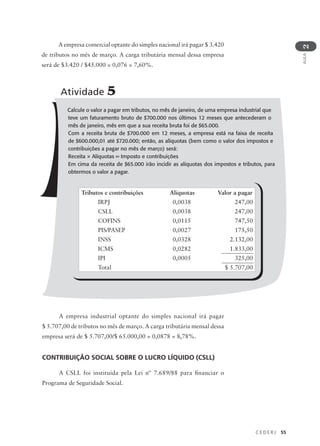 C E D E R J 55
AULA
2
A empresa comercial optante do simples nacional irá pagar $ 3.420
de tributos no mês de março. A carga tributária mensal dessa empresa
será de $3.420 / $45.000 = 0,076 = 7,60%.
Calcule o valor a pagar em tributos, no mês de janeiro, de uma empresa industrial que
teve um faturamento bruto de $700.000 nos últimos 12 meses que antecederam o
mês de janeiro, mês em que a sua receita bruta foi de $65.000.
Com a receita bruta de $700.000 em 12 meses, a empresa está na faixa de receita
de $600.000,01 até $720.000; então, as alíquotas (bem como o valor dos impostos e
contribuições a pagar no mês de março) será:
Receita × Alíquotas = Imposto e contribuições
Em cima da receita de $65.000 irão incidir as alíquotas dos impostos e tributos, para
obtermos o valor a pagar.
Atividade 5
Tributos e contribuições Alíquotas Valor a pagar
IRPJ 0,0038 247,00
CSLL 0,0038 247,00
COFINS 0,0115 747,50
PIS/PASEP 0,0027 175,50
INSS 0,0328 2.132,00
ICMS 0,0282 1.833,00
IPI 0,0005 325,00
Total $ 5.707,00
A empresa industrial optante do simples nacional irá pagar
$ 5.707,00 de tributos no mês de março. A carga tributária mensal dessa
empresa será de $ 5.707,00/$ 65.000,00 = 0,0878 = 8,78%.
CONTRIBUIÇÃO SOCIAL SOBRE O LUCRO LÍQUIDO (CSLL)
A CSLL foi instituída pela Lei nº 7.689/88 para financiar o
Programa de Seguridade Social.
 