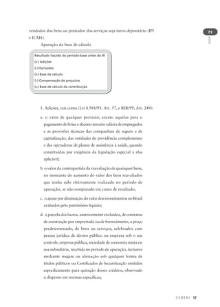 C E D E R J 57
AULA
2
vendedor dos bens ou prestador dos serviços seja mero depositário (IPI
e ICMS).
Apuração da base de cálculo
Resultado líquido do período-base antes do IR
(+) Adições
(–) Exclusões
(=) Base de cálculo
(–) Compensação de prejuízos
(=) Base de cálculo da contribuição
1. Adições, tais como (Lei 8.981/95, Art. 57, e RIR/99, Art. 249):
a. o valor de qualquer provisão, exceto aquelas para o
pagamento de férias e décimo-terceiro salário de empregados
e as provisões técnicas das companhias de seguro e de
capitalização, das entidades de previdência complementar
e das operadoras de planos de assistência à saúde, quando
constituídas por exigência da legislação especial a elas
aplicável;
b. o valor da contrapartida da reavaliação de quaisquer bens,
no montante do aumento do valor dos bens reavaliados
que tenha sido efetivamente realizado no período de
apuração, se não computado em conta de resultado;
c. o ajuste por diminuição do valor dos investimentos no Brasil
avaliados pelo patrimônio líquido;
d. a parcela dos lucros, anteriormente excluídos, de contratos
de construção por empreitada ou de fornecimento, a preço
predeterminado, de bens ou serviços, celebrados com
pessoa jurídica de direito público ou empresa sob o seu
controle, empresa pública, sociedade de economia mista ou
sua subsidiária, recebida no período de apuração, inclusive
mediante resgate ou alienação sob qualquer forma de
títulos públicos ou Certificados de Securitização emitidos
especificamente para quitação desses créditos, observado
o disposto em normas específicas;
 