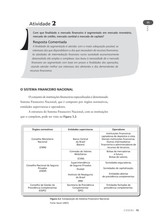 C E D E R J 73
AULA
3
Com que finalidade o mercado financeiro é segmentado em mercado monetário,
mercado de crédito, mercado cambial e mercado de capitais?
Resposta Comentada
A finalidade da segmentação é atender, com a maior adequação possível, os
interesses dos que disponibilizam e dos que necessitam de recursos financeiros.
As atividades de intermediação financeira numa sociedade economicamente
desenvolvida são amplas e complexas. Isso levou à necessidade de o mercado
financeiro ser segmentado com base em prazos e finalidades das operações,
visando atender melhor aos interesses dos ofertantes e dos demandantes de
recursos financeiros.
Atividade 2
O SISTEMA FINANCEIRO NACIONAL
O conjunto de instituições financeiras especializadas é denominado
Sistema Financeiro Nacional, que é composto por órgãos normativos,
entidades supervisoras e operadores.
A estrutura do Sistema Financeiro Nacional, com as instituições
que o compõem, pode ser vista na Figura 3.2:
Órgãos normativos Entidades supervisoras Operadores
Conselho Monetário
Nacional
(CMN)
Banco Central
do Brasil
(Bacen)
Instituições financeiras
captadoras de depósitos à vista.
Demais instituições financeiras.
Outros intermediários
financeiros e administradores de
recursos de terceiros.
Comissão de Valores
Mobiliários
(CVM)
Bolsas de mercadorias
e futuro.
Bolsas de valores.
Conselho Nacional de Seguros
Privados
(CNSP)
Superintendência
de Seguros Privados
(Susep)
Instituto de Resseguros
do Brasil
(IRB)
Sociedades seguradoras.
Sociedades de capitalização.
Entidades abertas
de previdência complementar.
Conselho de Gestão da
Previdência Complementar
(CGPC)
Secretaria de Previdência
Complementar
(SPC)
Entidades fechadas de
previdência complementar.
Figura 3.2: Composição do Sistema Financeiro Nacional.
Fonte: Bacen (2007).
 