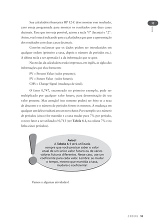 C E D E R J 93
AULA
4
Sua calculadora financeira HP 12-C deve mostrar esse resultado,
caso esteja programada para mostrar os resultados com duas casas
decimais. Para que isso seja possível, acione a tecla “f” (laranja) e “2”.
Assim, você estará indicando para a calculadora que quer a apresentação
dos resultados com duas casas decimais.
Convém esclarecer que os dados podem ser introduzidos em
qualquer ordem (primeiro a taxa, depois o número de períodos etc.).
A última tecla a ser apertada é a da informação que se quer.
Nas teclas da calculadora estão impressas, em inglês, as siglas das
informações que elas fornecem:
PV = Present Value (valor presente);
FV = Future Value (valor futuro);
CHS = Change Signal (mudança de sinal).
O fator 0,747, encontrado no primeiro exemplo, pode ser
multiplicado por qualquer valor futuro, para determinação do seu
valor presente. Mas atenção! isso somente poderá ser feito se a taxa
de desconto e o número de períodos forem os mesmos. A mudança em
qualquer um deles resultará em um novo fator. Por exemplo: se o número
de períodos (cinco) for mantido e a taxa mudar para 7% por período,
o novo fator a ser utilizado é 0,713 (ver Tabela 4.1, na coluna 7% e na
linha cinco períodos).
Aviso!
A Tabela 4.1 será utilizada
sempre que você precisar saber o valor
atual de um único valor futuro ou de vários
valores futuros diferentes. Nesse caso, use um
coeficiente para cada valor. Lembre: se mudar
o tempo, mesmo que mantida a taxa,
mudará o coeficiente!
!
!Vamos a algumas atividades?
 