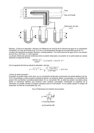 Ejemplo: ¿Cuál es la velocidad v del aire si la diferencia de nivel Δh de la columna de agua en un manómetro
conectado a un tubo de Prandtl es de 13,3 mm y si la temperatura del agua en el manómetro es de 20 °C?
La altura Δh representa la presión dinámica, correspondiendo 1 mm de la columna de agua (CA) a una presión
de 9,81 Pa (= 9,81 Nm–2, = 9,81 kgm/s2).
La presión diferencial (presión dinámica) entre la presión total (ptot) y la presión en la pared (pest) se calcula
aplicando la siguiente fórmula:



Con la siguiente fórmula se calcula la velocidad v del aire.




¿Cómo se mide la presión?
La presión se puede medir, entre otros, con un manómetro de Bourdon (manómetro de resorte elástico) (ver fig.
3-27). Sin embargo, si sólo se quiere controlar la presión, es suficiente utilizar un presostato o un convertidor de
presión NE (convertidor neumática-electricidad). En un convertidor NE, la señal de presión neumática actúa
sobre un transmisor eléctrico que funciona como contacto conmutador. Cambiando la superficie de la
membrana es posible cambiar la presión necesaria para la conmutación. Si es posible ajustar el margen de
respuesta, se trata de un presostato (fig. 2-5).

                                  Fig. 2-5 Elementos de medición de la presión




                                                x Toma de presión

                                                a) Convertidor NE
 