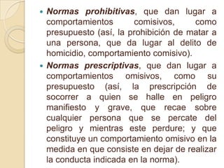 Normas prohibitivas, que dan lugar a comportamientos comisivos, como presupuesto (así, la prohibición de matar a una persona, que da lugar al delito de homicidio, comportamiento comisivo).Normas prescriptivas, que dan lugar a comportamientos omisivos, como su presupuesto (así, la prescripción de socorrer a quien se halle en peligro manifiesto y grave, que recae sobre cualquier persona que se percate del peligro y mientras este perdure; y que constituye un comportamiento omisivoen la medida en que consiste en dejar de realizar la conducta indicada en la norma). 