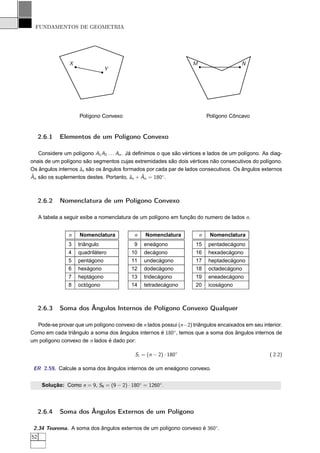 FUNDAMENTOS DE GEOMETRIA




                 X                                                  M                    N
                                 Y




                     Polígono Convexo                                       Polígono Côncavo


     2.6.1   Elementos de um Polígono Convexo

    Considere um polígono A1 A2 . . . An . Já deﬁnimos o que são vértices e lados de um polígono. As diag-
onais de um polígono são segmentos cujas extremidades são dois vértices não consecutivos do polígono.
Os ângulos internos ˆn são os ângulos formados por cada par de lados consecutivos. Os ângulos externos
                    a
ˆ n são os suplementos destes. Portanto, ˆn + An = 180◦ .
A                                           a    ˆ



     2.6.2   Nomenclatura de um Polígono Convexo

     A tabela a seguir exibe a nomenclatura de um polígono em função do numero de lados n.


                 n   Nomenclatura          n    Nomenclatura            n    Nomenclatura
                 3   triângulo             9    eneágono             15     pentadecágono
                 4   quadrilátero         10    decágono             16     hexadecágono
                 5   pentágono            11    undecágono           17     heptadecágono
                 6   hexágono             12    dodecágono           18     octadecágono
                 7   heptágono            13    tridecágono          19     eneadecágono
                 8   octógono             14    tetradecágono        20     icoságono



     2.6.3   Soma dos Ângulos Internos de Polígono Convexo Qualquer

  Pode-se provar que um polígono convexo de n lados possui (n −2) triângulos encaixados em seu interior.
Como em cada triângulo a soma dos ângulos internos é 180◦ , temos que a soma dos ângulos internos de
um polígono convexo de n lados é dado por:

                                            Si = (n − 2) · 180◦                                     ( 2.2)

 ER 2.59. Calcule a soma dos ângulos internos de um eneágono convexo.


      Solução: Como n = 9, S9 = (9 − 2) · 180◦ = 1260◦.




     2.6.4   Soma dos Ângulos Externos de um Polígono

 2.34 Teorema. A soma dos ângulos externos de um polígono convexo é 360◦.
52
 