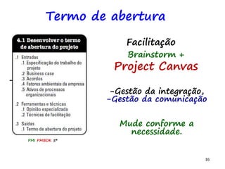 16
Brainstorm +
Project Canvas
Facilitação
-Gestão da integração,
-Gestão da comunicação
Mude conforme a
necessidade.
Termo de abertura
PMI PMBOK 5ª
 