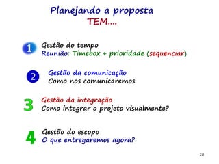 28
Gestão do tempo
Reunião: Timebox + prioridade (sequenciar)
Gestão da integração
Como integrar o projeto visualmente?
Gestão do escopo
O que entregaremos agora?
Gestão da comunicação
Como nos comunicaremos
Planejando a proposta
TEM....
 