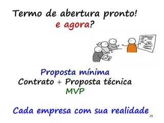 29
Termo de abertura pronto!
e agora?
Proposta mínima
Contrato + Proposta técnica
MVP
Cada empresa com sua realidade
 