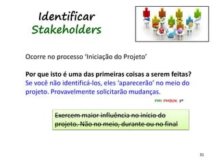 31
Identificar
Stakeholders
Ocorre no processo ‘Iniciação do Projeto’
Por que isto é uma das primeiras coisas a serem feitas?
Se você não identificá-los, eles ‘aparecerão’ no meio do
projeto. Provavelmente solicitarão mudanças.
Exercem maior influência no início do
projeto. Não no meio, durante ou no final
PMI PMBOK 5ª
 