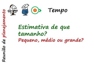 Tempo
Reuniãodeplanejamento
Estimativa de que
tamanho?
Pequeno, médio ou grande?
 