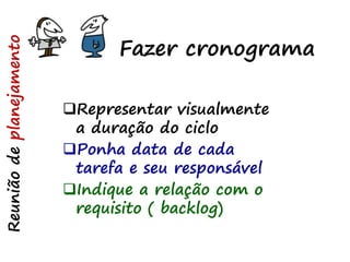 Fazer cronograma
Reuniãodeplanejamento
Representar visualmente
a duração do ciclo
Ponha data de cada
tarefa e seu responsável
Indique a relação com o
requisito ( backlog)
 