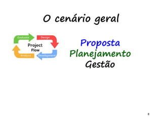 8
O cenário geral
Proposta
Planejamento
Gestão
 