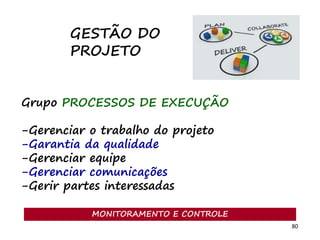 80
Grupo PROCESSOS DE EXECUÇÃO
-Gerenciar o trabalho do projeto
-Garantia da qualidade
-Gerenciar equipe
-Gerenciar comunicações
-Gerir partes interessadas
GESTÃO DO
PROJETO
MONITORAMENTO E CONTROLE
 