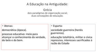  Atenas:
democrática (época).
processo educativo: meio para
alcançar o conhecimento da verdade,
do belo e do bem.
 Esparta:
sociedade guerreira (heróis
guerreiros).
educação totalitária, militar e cívica
repressiva, interesses sacrificados à
razão do Estado
A Educação na Antiguidade:
Grécia
dois paradigmas de organização social;
duas concepções de educação.
 