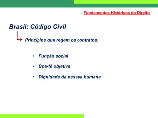 Brasil: Código Civil
Princípios que regem os contratos:
• Função social
• Boa-fé objetiva
• Dignidade da pessoa humana
Fundamentos Históricos do Direito
 