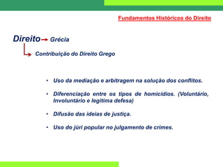 Direito Grécia
Contribuição do Direito Grego
• Uso da mediação e arbitragem na solução dos conflitos.
• Diferenciação entre os tipos de homicídios. (Voluntário,
Involuntário e legitima defesa)
• Difusão das ideias de justiça.
• Uso do júri popular no julgamento de crimes.
Fundamentos Históricos do Direito
 