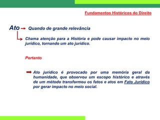 Ato Quando de grande relevância
Chama atenção para a História e pode causar impacto no meio
jurídico, tornando um ato jurídico.
Portanto
Ato jurídico é provocado por uma memória geral da
humanidade, que observou um escopo histórico e através
de um método transformou os fatos e atos em Fato Jurídico
por gerar impacto no meio social.
Fundamentos Históricos do Direito
 