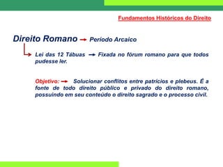 Direito Romano Período Arcaico
Lei das 12 Tábuas Fixada no fórum romano para que todos
pudesse ler.
Objetivo: Solucionar conflitos entre patrícios e plebeus. É a
fonte de todo direito público e privado do direito romano,
possuindo em seu conteúdo o direito sagrado e o processo civil.
Fundamentos Históricos do Direito
 