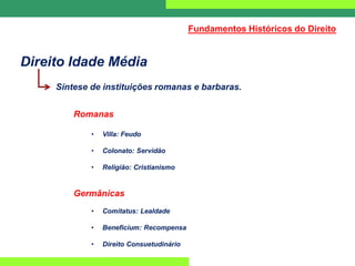 Direito Idade Média
Síntese de instituições romanas e barbaras.
Romanas
• Villa: Feudo
• Colonato: Servidão
• Religião: Cristianismo
Germânicas
• Comitatus: Lealdade
• Beneficium: Recompensa
• Direito Consuetudinário
Fundamentos Históricos do Direito
 