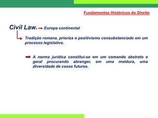 Civil Law. Europa continental
Tradição romana, prioriza o positivismo consubstanciado em um
processo legislativo.
A norma jurídica constitui-se em um comando abstrato e
geral procurando abranger, em uma moldura, uma
diversidade de casos futuros.
Fundamentos Históricos do Direito
 