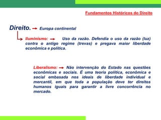 Direito. Europa continental
Iluminismo: Uso da razão. Defendia o uso da razão (luz)
contra o antigo regime (trevas) e pregava maior liberdade
econômica e política.
Liberalismo: Não intervenção do Estado nas questões
econômicas e sociais. É uma teoria política, econômica e
social embasada nos ideais de liberdade individual e
mercantil, em que toda a população deve ter direitos
humanos iguais para garantir a livre concorrência no
mercado.
Fundamentos Históricos do Direito
 