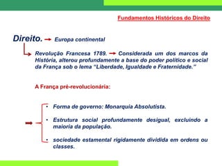 Direito. Europa continental
Revolução Francesa 1789. Considerada um dos marcos da
História, alterou profundamente a base do poder político e social
da França sob o lema “Liberdade, Igualdade e Fraternidade.”
A França pré-revolucionária:
• Forma de governo: Monarquia Absolutista.
• Estrutura social profundamente desigual, excluindo a
maioria da população.
• sociedade estamental rigidamente dividida em ordens ou
classes.
Fundamentos Históricos do Direito
 