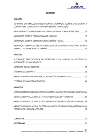 11FUNDAMENTOS HISTÓRICOS E EPISTEMOLÓGICOS DA EDUCAÇÃO E SUAS IMPLICAÇÕES PARA A PRÁTICA PEDAGÓGICA | Educação a Distância
SUMÁRIO
UNIDADE I
AS TEORIAS EPISTEMOLÓGICAS QUE CIRCUNDAM A FORMAÇÃO DOCENTE E DETERMINAM A
CONCEPÇÃO DE CONHECIMENTO DOS PROFISSIONAIS DA EDUCAÇÃO
AS DIFERENTES CONCEPÇÕES PRESENTES NOS CURSOS DE FORMAÇÃO DOCENTE 15
A FORMAÇÃO DOCENTE COMO IMITAÇÃO DE MODELOS 17
A FORMAÇÃO DOCENTE COMO INSTRUMENTALIZAÇÃO TÉCNICA. 19
A FORMAÇÃO DE PROFESSORES E A POSSIBILIDADE DE SUPERAÇÃO DA DICOTOMIA ENTRE O
SABER E O FAZER DOCENTE: UM DESAFIO 22
UNIDADE II
A FORMAÇÃO EPISTEMOLÓGICA DO PROFESSOR E SUA ATUAÇÃO NO PROCESSO DE
APROPRIAÇÃO DO CONHECIMENTO
AS TEORIAS DO CONHECIMENTO 35
EPISTEMOLOGIA EMPIRISTA  36
A EPISTEMOLOGIA EMPIRISTA E A PRÁTICA PEDAGÓGICA DO PROFESSOR 37
EPISTEMOLOGIA INATISTA (APRIORISTA) 41
UNIDADE III
AFORMAÇÃOEPISTEMOLÓGICADOPROFESSORPARAUMAPRÁTICAPOSSÍVELESIGNIFICATIVA
A EPISTEMOLOGIA RELACIONAL E A PRÁTICA PEDAGÓGICA DO PROFESSOR 56
A EPISTEMOLOGIA RELACIONAL E A POSSIBILIDADE DE UMA PRÁTICA INTERDISCIPLINAR 59
A EPISTEMOLOGIA RELACIONAL E O DESENVOLVIMENTO DE UMA POSTURA INVESTIGATIVA NO
PROCESSO DE ENSINAR E APRENDER 60
CONCLUSÃO 70
REFERÊNCIAS 72
 