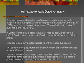 O PENSAMENTO PEDAGÓGICO POSITIVISTA

O pensamento pedagógico positivista consolidou a concepção
burguesa da educação. Seu maior expoente foi Augusto Comte (1798
- 1857), que tem como principal obra o "Curso de filosofia positiva",
publicado em 1830 e 1842.
 Comte combateu o espírito religioso, mas acabou propondo a
instituição do que chamou "religião da humanidade" para substituir a
Igreja.
Segundo ele, a humanidade passou por três etapas sucessivas:
• O estado teológico, durante o qual o homem explicava a natureza
por agentes sobrenaturais;
• O estado metafísico, no qual tudo se justificava através de noções
abstratas como essência, substância, causalidade, etc; e o estado
positivo, o atual, onde se buscam as leis científicas.

 