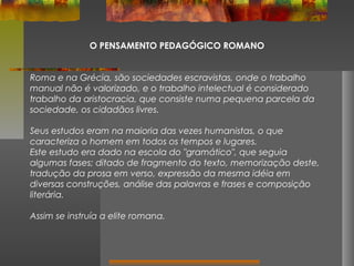 O PENSAMENTO PEDAGÓGICO ROMANO
Roma e na Grécia, são sociedades escravistas, onde o trabalho
manual não é valorizado, e o trabalho intelectual é considerado
trabalho da aristocracia, que consiste numa pequena parcela da
sociedade, os cidadãos livres.
Seus estudos eram na maioria das vezes humanistas, o que
caracteriza o homem em todos os tempos e lugares.
Este estudo era dado na escola do "gramático", que seguia
algumas fases; ditado de fragmento do texto, memorização deste,
tradução da prosa em verso, expressão da mesma idéia em
diversas construções, análise das palavras e frases e composição
literária.
Assim se instruía a elite romana.

 