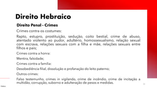 Público
15
Direito Hebraico
Direito Penal - Crimes
Crimes contra os costumes:
Rapto, estupro, prostituição, sedução, coito bestial, crime de abuso,
atentado violento ao pudor, adultério, homossexualismo, relação sexual
com escrava, relações sexuais com a filha e mãe, relações sexuais entre
filhos e pais;
Crimes contra a honra:
Mentira, falsidade;
Crimes contra a família:
Desobediência filial, dissolução e profanação do leito paterno;
Outros crimes:
Falso testemunho, crimes in vigilando, crime de incêndio, crime de incitação a
multidão, corrupção, suborno e adulteração de pesos e medidas.
 