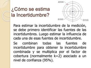 ¿Cómo se estima
la Incertidumbre?
Para estimar la incertidumbre de la medición,
se debe primero identificar las fuentes de las
incertidumbres. Luego estimar la influencia de
cada una de esas fuentes de incertidumbre.
Se combinan todas las fuentes de
incertidumbre para obtener la incertidumbre
combinada y se multiplica por el factor de
cobertura (normalmente k=2) asociado a un
nivel de confianza (95%).
 
