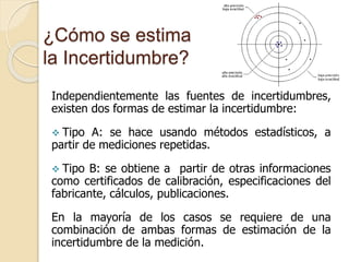 ¿Cómo se estima
la Incertidumbre?
Independientemente las fuentes de incertidumbres,
existen dos formas de estimar la incertidumbre:
 Tipo A: se hace usando métodos estadísticos, a
partir de mediciones repetidas.
 Tipo B: se obtiene a partir de otras informaciones
como certificados de calibración, especificaciones del
fabricante, cálculos, publicaciones.
En la mayoría de los casos se requiere de una
combinación de ambas formas de estimación de la
incertidumbre de la medición.
 