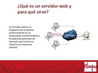 ¿Qué es un servidor web y
para qué sirve?
Un servidor web es un
programa que se ejecuta
continuamente en un
computador, manteniéndose a
la espera de peticiones de
ejecución que le hará un
cliente o un usuario de
Internet.
 