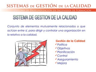 Conjunto de elementos mutuamente relacionados o que
actúan entre sí, para dirigir y controlar una organización en
lo relativo a la calidad.
Gestión de la Calidad
Política
Objetivos
Planificación
Control
Aseguramiento
Mejora
 