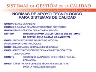 ISO10005PLANES DE CALIDAD
ISO10006LA CALIDAD DE ADMINISTRACIÓN DE PROYECTOS
ISO10007ADMINISTRACIÓN DE LA CONFIGURACIÓN
ISO 19011 DIRECTRICES PARA LA AUDITORÌA DE LOS SISTEMAS
DE GESTIÓN DE LA CALIDAD Y/O AMBIENTAL
ISO10012REQUISITOS PARA EQUIPOS DE MEDICIÓN
(ASEGURAMIENTO METROLÓGICO)
ISO10013ELABORACIÓN DE MANUALES DE CALIDAD
ISO10014EFECTOS ECONÓMICOS DE LA ADMINISTRACIÓN TOTAL
DE LA CALIDAD
ISO10015 GESTIÓN DE LA CALIDAD. DIRECTRICES PARA LA
FORMACIÓN
ISO10017ORIENTACIÓN SOBRE LAS TÉCNICAS ESTADISTICAS
PARA LA NORMA ISO 9001:2000
 