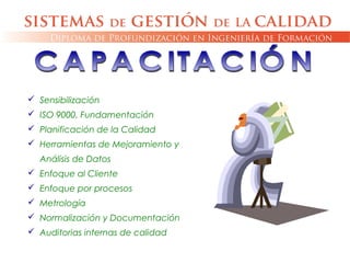 Sensibilización
 ISO 9000. Fundamentación
 Planificación de la Calidad
 Herramientas de Mejoramiento y
Análisis de Datos
 Enfoque al Cliente
 Enfoque por procesos
 Metrología
 Normalización y Documentación
 Auditorias internas de calidad
 