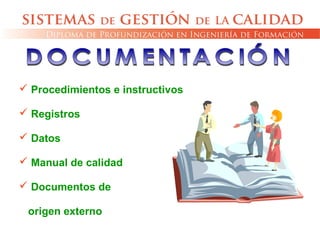  Procedimientos e instructivos
 Registros
 Datos
 Manual de calidad
 Documentos de
origen externo
 