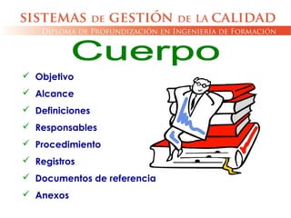  Objetivo
 Alcance
 Definiciones
 Responsables
 Procedimiento
 Registros
 Documentos de referencia
 Anexos
 