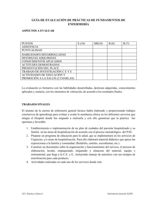 327. Práctica Clínica I Enfermería General. ICEST.
GUÍA DE EVALUACIÓN DE PRÁCTICAS DE FUNDAMENTOS DE
ENFERMERÍA
ASPECTOS A EVALUAR
PUNTOS E (10) MB (9) B (8) R (7)
ASISTENCIA
PUNTUALIDAD
HABILIDADES DESARROLLADAS
DESTREZAS ADQUIRIDAS
CONOCIMIENTOS APLICADOS
ACTITUDES DEMOSTRADAS
PRESENTACIÓN DEL PLACE
TRABAJO DE INVESTIGACIÓN C E Y E
ACTIVIDADES DE EDUCACIÓN Y
PROMOCIÓN A LA SALUD (2 CHARLAS)
La evaluación es formativa con las habilidades desarrolladas, destrezas adquiridas, conocimientos
aplicados y sumaria, con los elementos de valoración, de acuerdo a los resultados finales.
TRABAJOS FINALES
El alumno de la carrera de enfermería general técnica habrá elaborado y proporcionado trabajos
conclusivos de aprendizaje para evaluar y avalar la enseñanza clínica en los diferentes servicios que
integra el Hospital donde fue asignado a realizarla y con ello garantizar que la práctica fue
oportuna y favorable.
1. Establecimiento e implementación de un plan de cuidados del paciente hospitalizado y su
familia en las áreas de hospitalización de acuerdo con el proceso metodológico del PAE.
2. Preparar un programa de educación para la salud, que se implementará en los servicios de
Urgencias, y/o áreas de hospitalización. Para ello elaborará material didáctico que apoye las
exposiciones a la familia y comunidad. (Rotafolio, carteles, sociodramas, etc.).
3. Construir un documento sobre la organización y funcionamiento del servicio, el proceso de
elaboración, lavado, empaquetado, etiquetado y almacene del material, equipo e
instrumental, que llega a la C.E. y E., incluyendo manejo de autoclave con sus tiempos de
esterilización para cada producto.
4. Actividades realizadas en cada uno de los servicios donde rota.
 