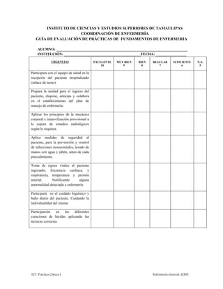 327. Práctica Clínica I Enfermería General. ICEST.
INSTITUTO DE CIENCIAS Y ESTUDIOS SUPERIORES DE TAMAULIPAS
COORDINACIÓN DE ENFERMERÍA
GUÍA DE EVALUACIÓN DE PRÁCTICAS DE FUNDAMENTOS DE ENFERMERIA
ALUMNO: ________________________________________________________________________
INSTITUCIÓN: __________________________________________FECHA: _________________
URGENCIAS EXCELENTE
10
MUY BIEN
9
BIEN
8
REGULAR
7
SUFICIENTE
6
N.A.
5
Participara con el equipo de salud en la
recepción del paciente hospitalizado
(enlace de turno).
Prepara la unidad para el ingreso del
paciente, dispone, anticipa y colabora
en el establecimiento del plan de
manejo de enfermería.
Aplicar los principios de la mecánica
corporal e inmovilización provisional a
la espera de estudios radiológicos
según lo requiera.
Aplica medidas de seguridad al
paciente, para la prevención y control
de infecciones nosocomiales, lavado de
manos con agua y jabón, antes de cada
procedimiento.
Toma de signos vitales al paciente
ingresado, frecuencia cardiaca, y
respiratoria, temperatura y presión
arterial. Notificando alguna
anormalidad detectada a enfermería.
Participará en el cuidado higiénico y
baño diario del paciente. Cuidando la
individualidad del mismo
Participación en las diferentes
curaciones de heridas aplicando las
técnicas correctas.
 