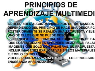 SE DESCRIBEN ALGUNOS PRINCIPIOS DE TAL MANERA Q
DEPENDIENDO DEL PRINCIPIO SE HACE UNA DESCRIPCI
POSTERIORMENTE SE REALIZA UNA PROPUESTA Y EJEM
UNO DE ELLOS QUE SE PUEDE DESCRIBIR
 EL PRINCIPIO DE MULTIMEDIA, SU DESCRIPCION SE BAS
 QUE LOS ESTUDIANTES APRENDEN MEJOR CON PALAB
IMÁGENES QUE SOLO CON PALABRAS. SU PROPUESTA
INCLUIR IMÁGENES EXPLICATIVAS EN LOS MATERIALES
EJEMPLO ES INCLUIR
VIDEOS, DIAGRAMAS, PARA EXPLICAR LOS PROCESOS
ENSEÑANZA APRENDIZAJE.,
 