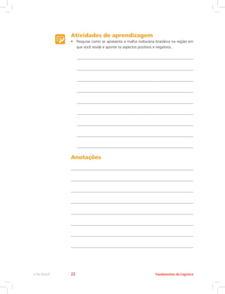 Atividades de aprendizagem
•	 Pesquise como se apresenta a malha rodoviária brasileira na região em
que você reside e aponte os aspectos positivos e negativos.
Anotações
Fundamentos da Logísticae-Tec Brasil 22
 